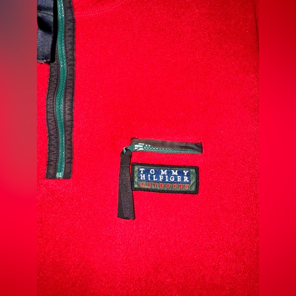 VTG 90s Tommy Hilfiger 1/4 Quarter Zip Mens Small Red Fleece Pullover Sweater - Picture 2 of 6